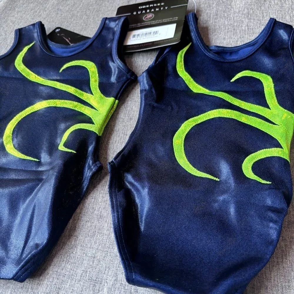 2 Pcs Obersee Girl's Gymnastics Leotards, Navy/Green Strands, Child XXS